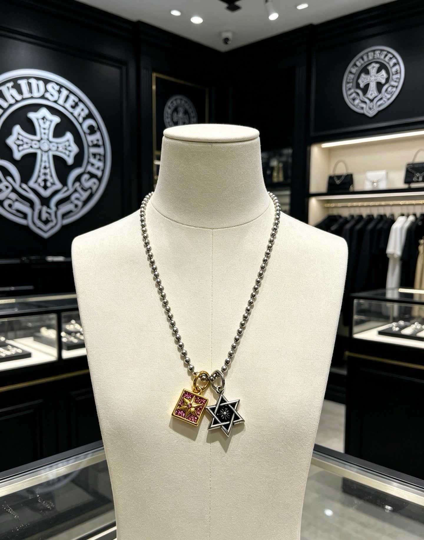 Chrome Hearts Beaded Necklace with Star and Square Charms